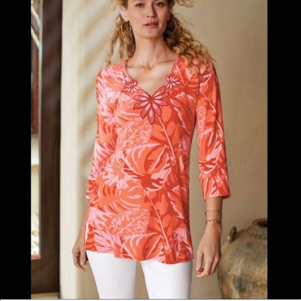 Soft Surroundings Del Rio Beaded Floral Tunic 3/4 Sleeves XS